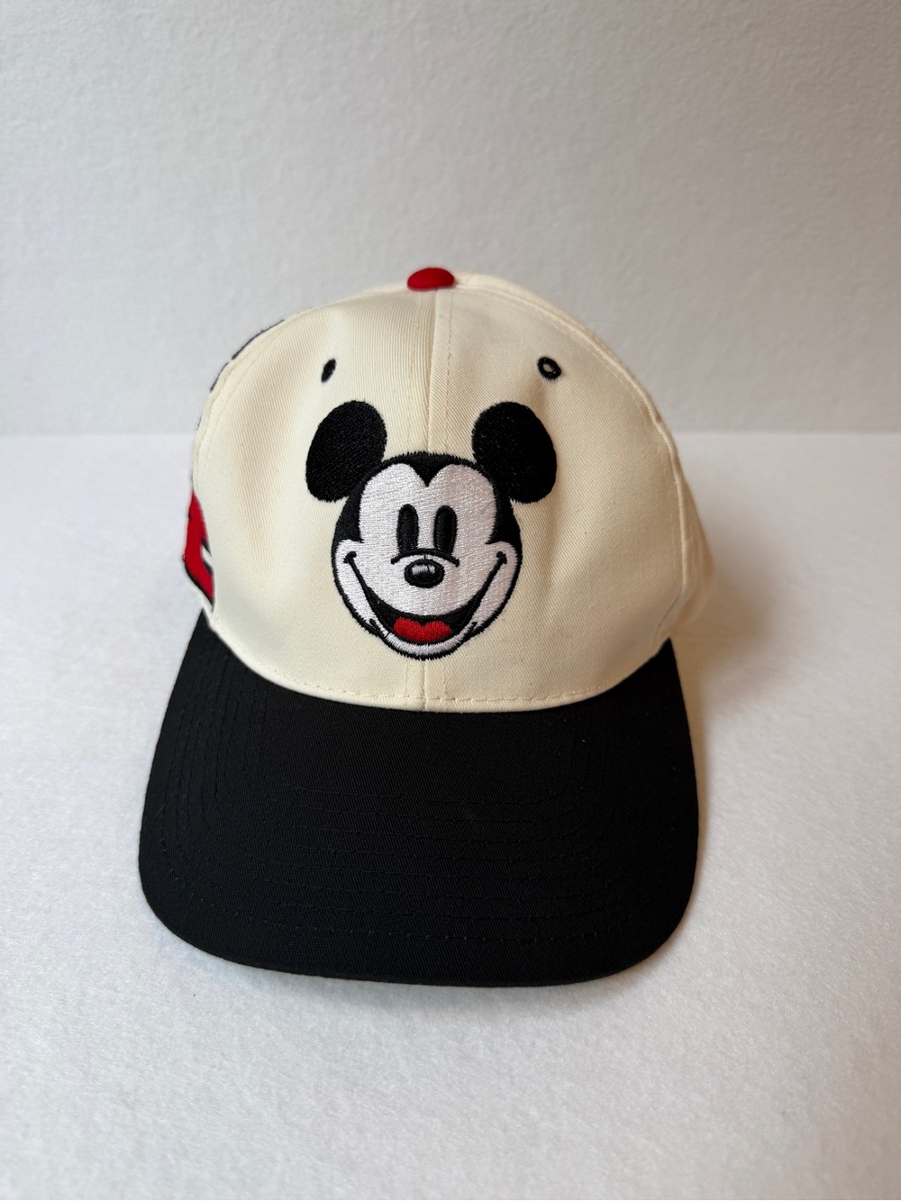 Vintage Disney Mickey Mouse Embroidered Snapback Hat Cream Black OS